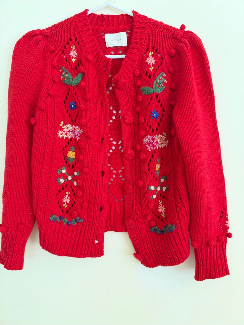 Doen Bright Red Embroidered Bobble Cardigan